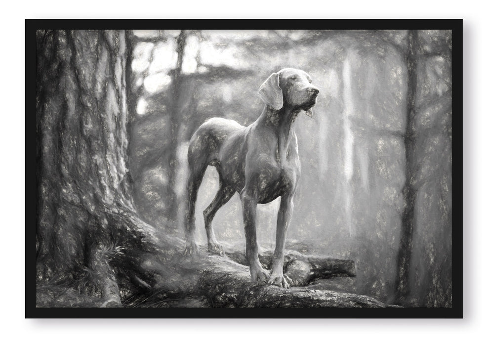 Hund auf Baumwurzeln, Poster mit Bilderrahmen