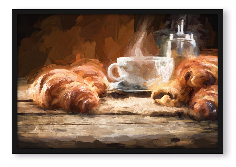 Pixxprint Tasse Kaffee mit Croissants, Poster mit Bilderrahmen