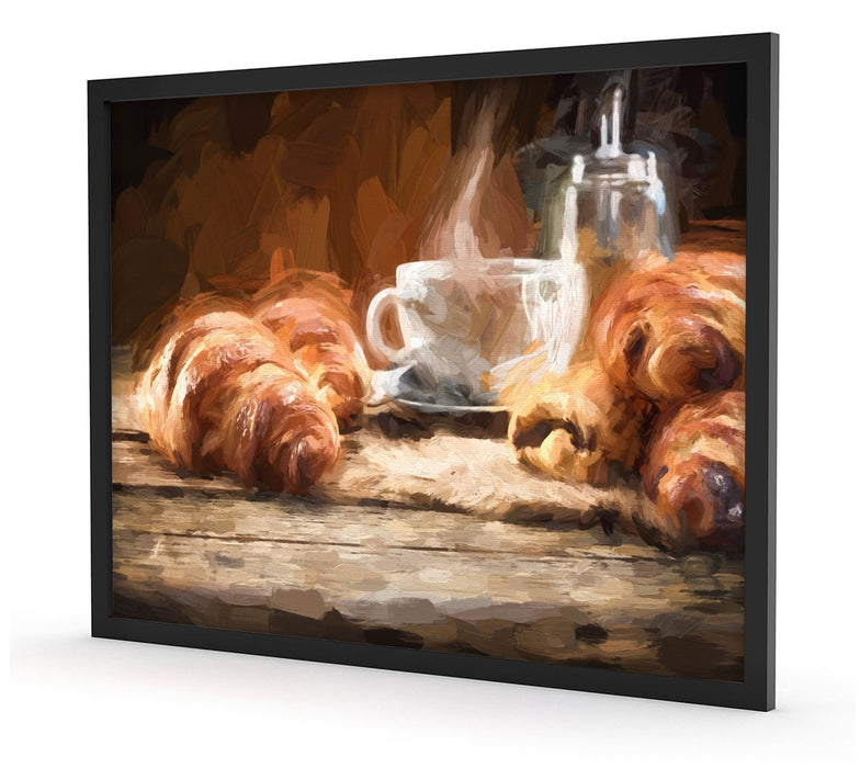 Tasse Kaffee mit Croissants, Poster mit Bilderrahmen
