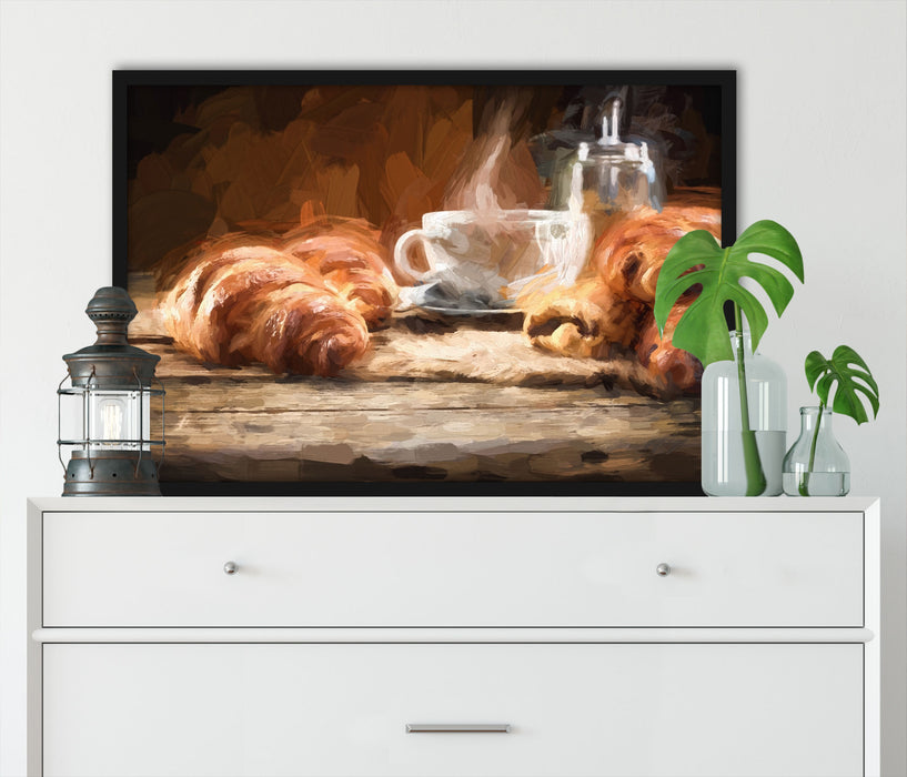 Tasse Kaffee mit Croissants, Poster mit Bilderrahmen