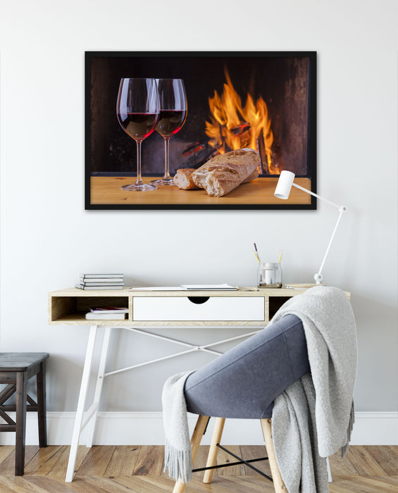 Zwei Gläser Wein mit Baguette, Poster mit Bilderrahmen