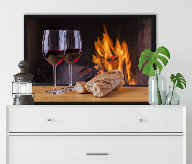 Zwei Gläser Wein mit Baguette, Poster mit Bilderrahmen