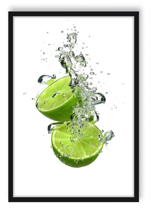 Pixxprint Limette fällt in das Wasser, Poster mit Bilderrahmen