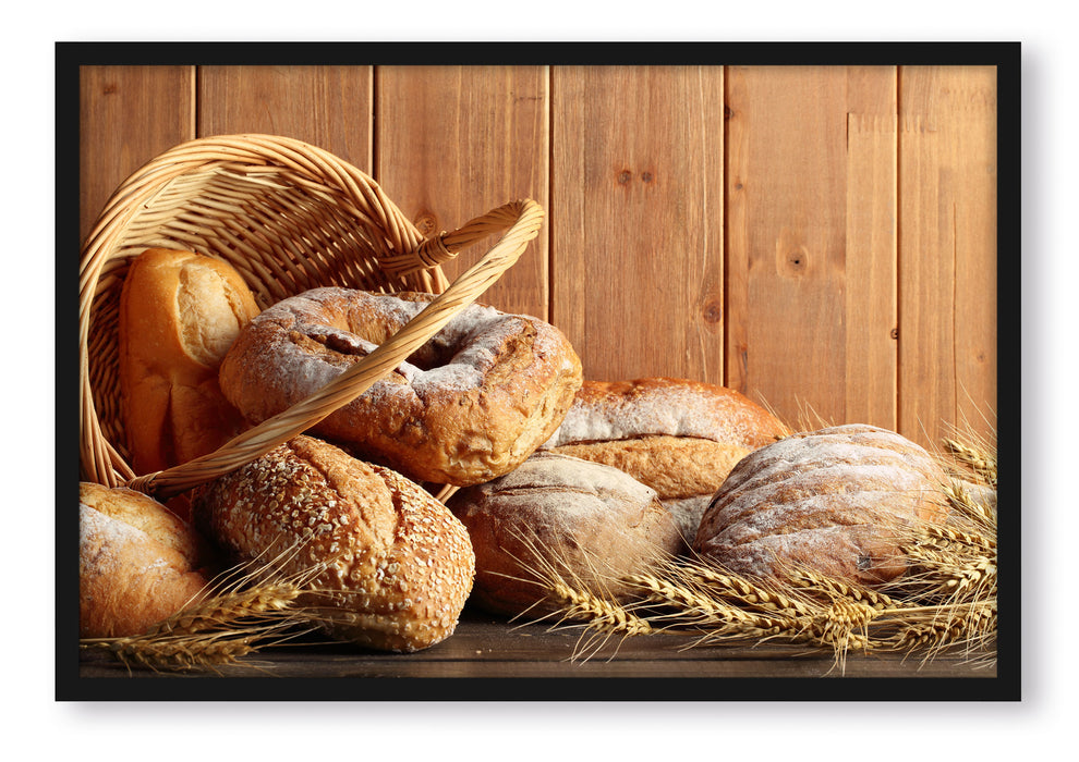 Pixxprint Korb mit leckerem frischen Brot, Poster mit Bilderrahmen