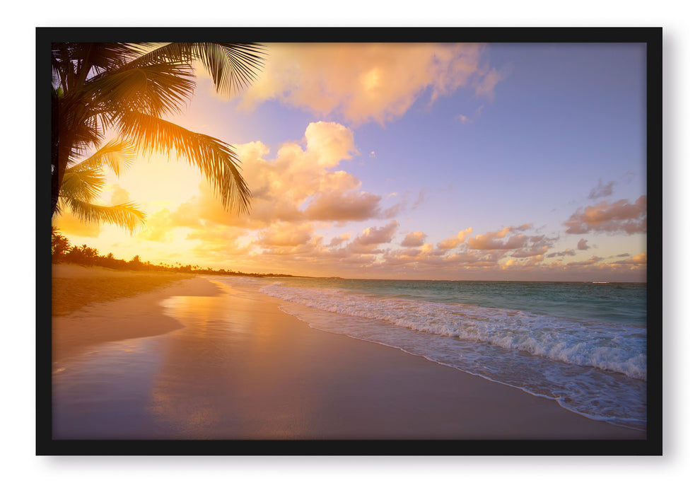 Strand bei Sonnenuntergang, Poster mit Bilderrahmen