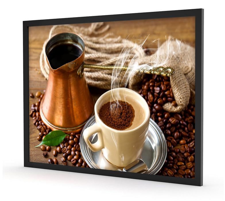 Frisch Kaffee mit Kaffeebohnen, Poster mit Bilderrahmen