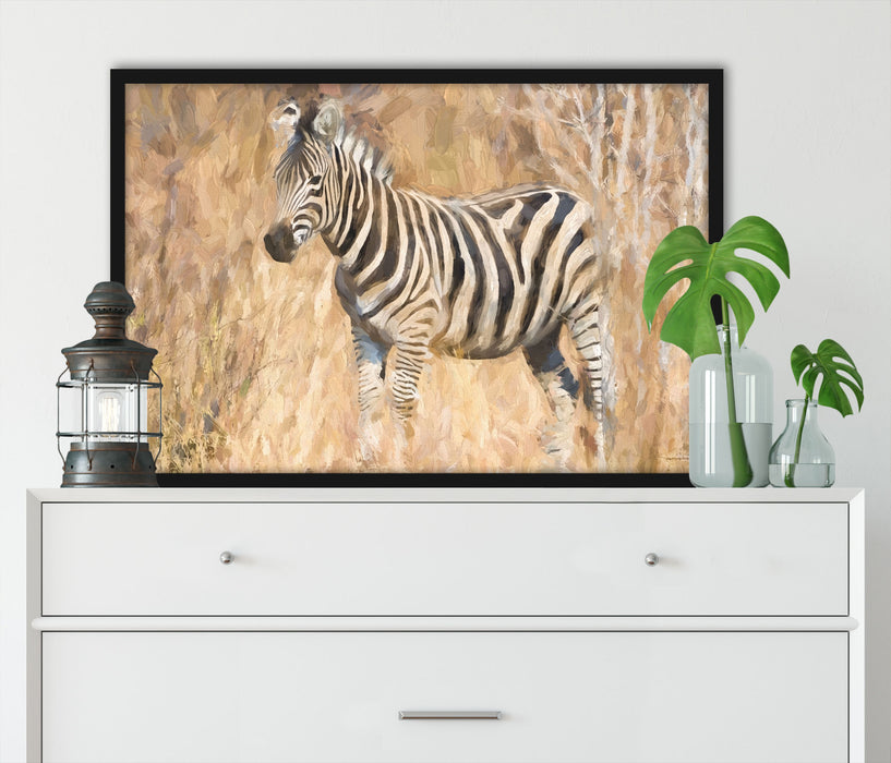 Anmutiges Zebra in Savanne, Poster mit Bilderrahmen