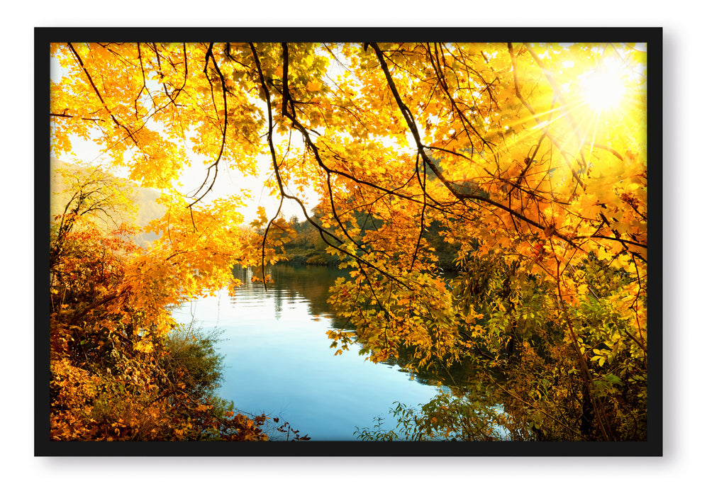 Landschaft mit See und Bäumen, Poster mit Bilderrahmen