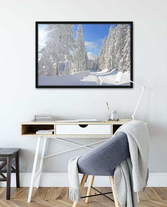 Winterlandschaft Bäume, Poster mit Bilderrahmen