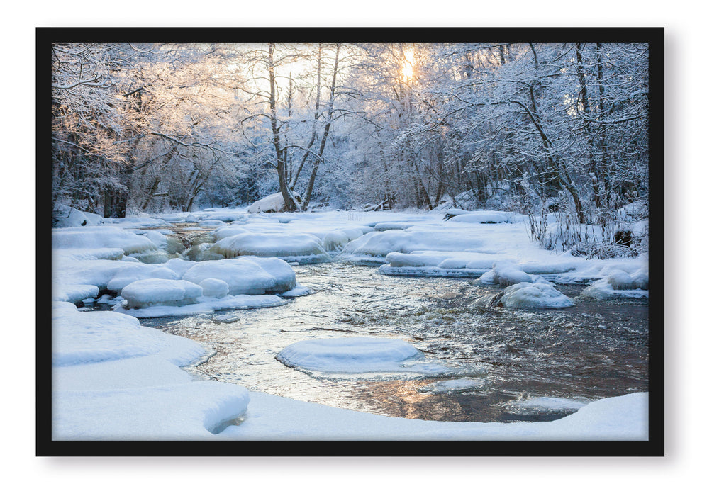 Bach in Winterlandschaft, Poster mit Bilderrahmen