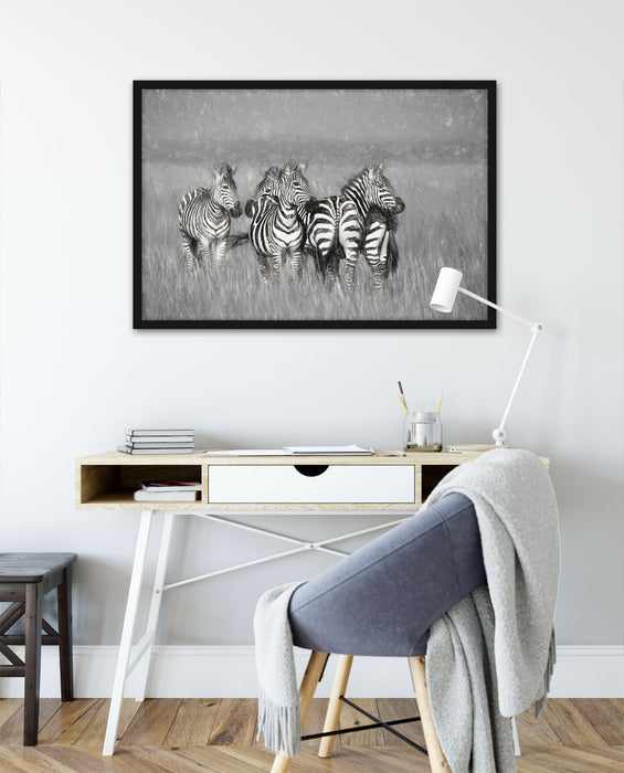 Zebras in Savanne, Poster mit Bilderrahmen