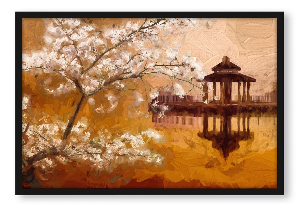 Pixxprint Kirschbaum an See, Poster mit Bilderrahmen