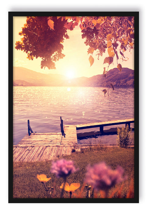 Pixxprint Steg im Sonnenuntergang Meer, Poster mit Bilderrahmen