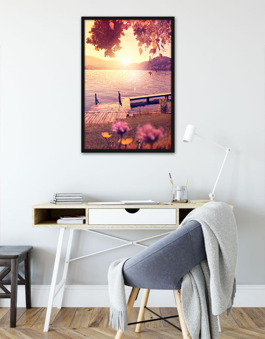 Steg im Sonnenuntergang Meer, Poster mit Bilderrahmen