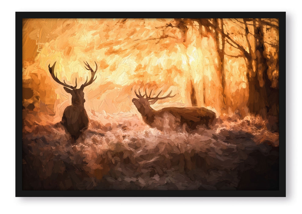 Pixxprint Hirsche im Wald, Poster mit Bilderrahmen