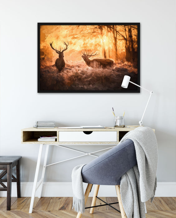 Hirsche im Wald, Poster mit Bilderrahmen