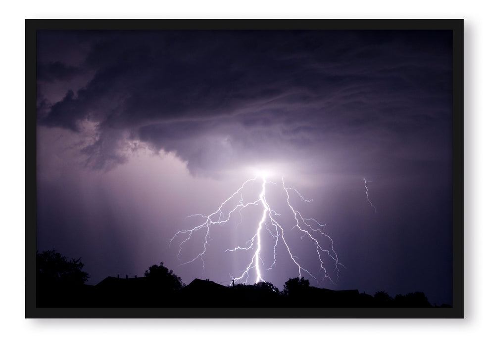 Pixxprint Einschlagender Blitz schwarz weiß, Poster mit Bilderrahmen