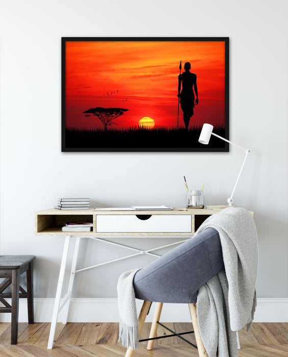 Roter Sonnenuntergang in Afrika, Poster mit Bilderrahmen