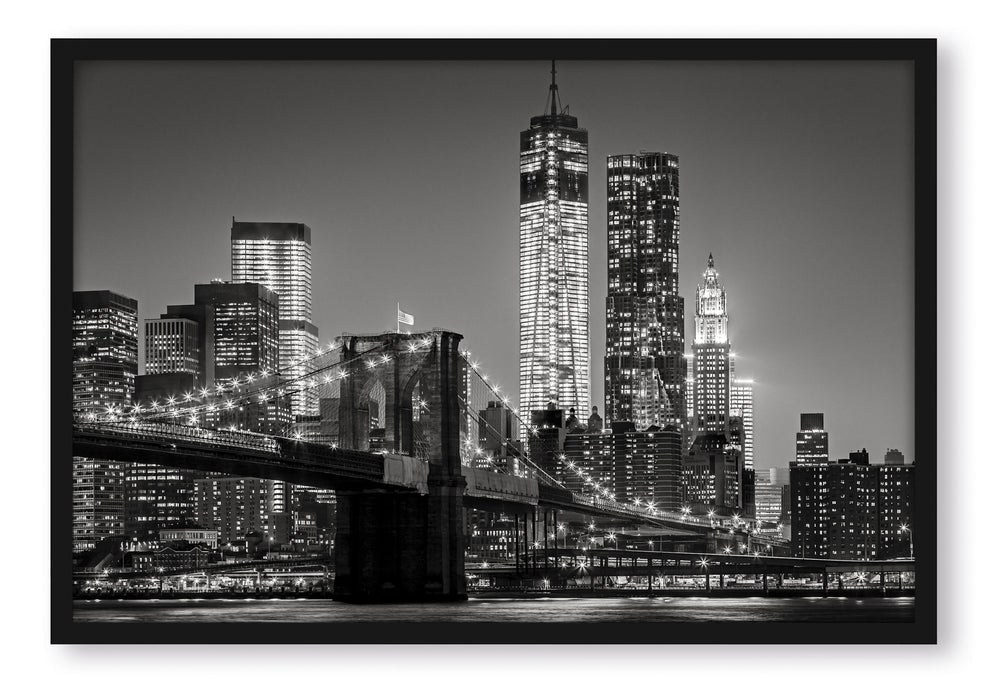 Pixxprint New York City Skyline bei Nacht, Poster mit Bilderrahmen