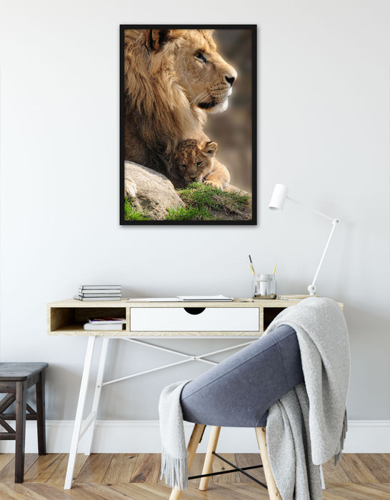 Löwe mit Löwenbaby, Poster mit Bilderrahmen