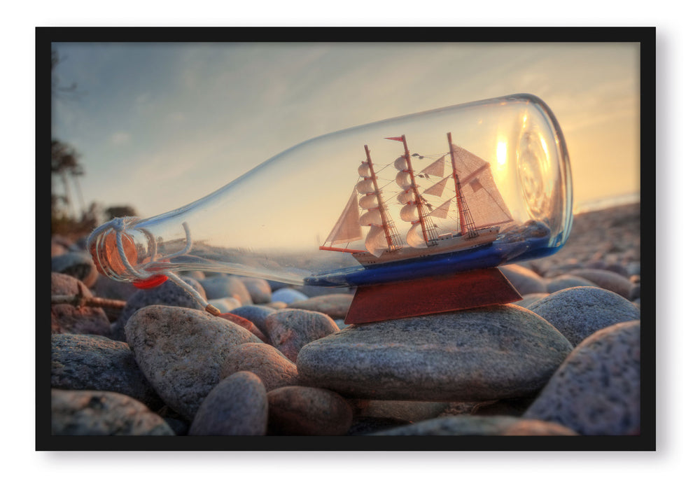 Pixxprint Flasche mit Schiff, Poster mit Bilderrahmen