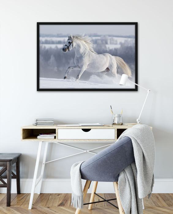 Weißes Pferd auf Schneewiese, Poster mit Bilderrahmen