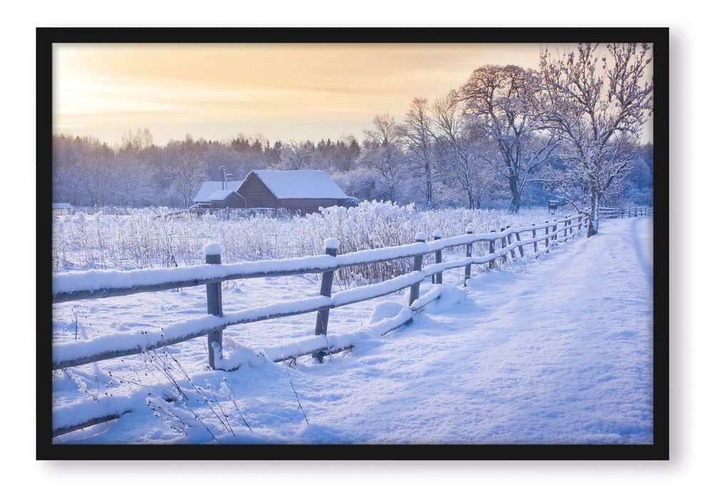 Pixxprint Hütte im Schnee, Poster mit Bilderrahmen