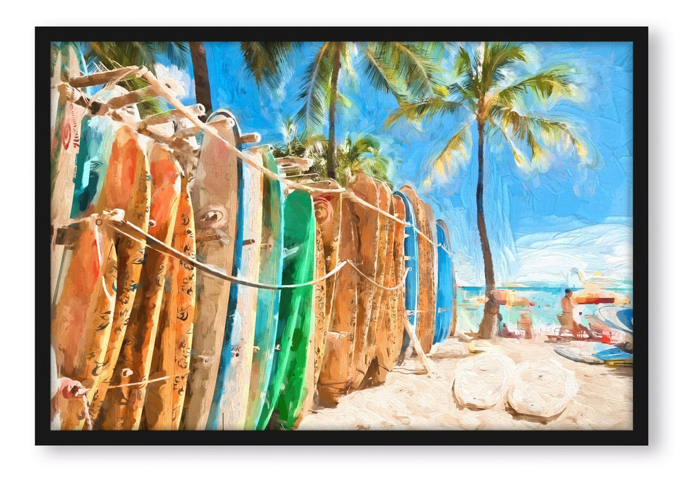 Pixxprint bunter Surfboards am Strand, Poster mit Bilderrahmen