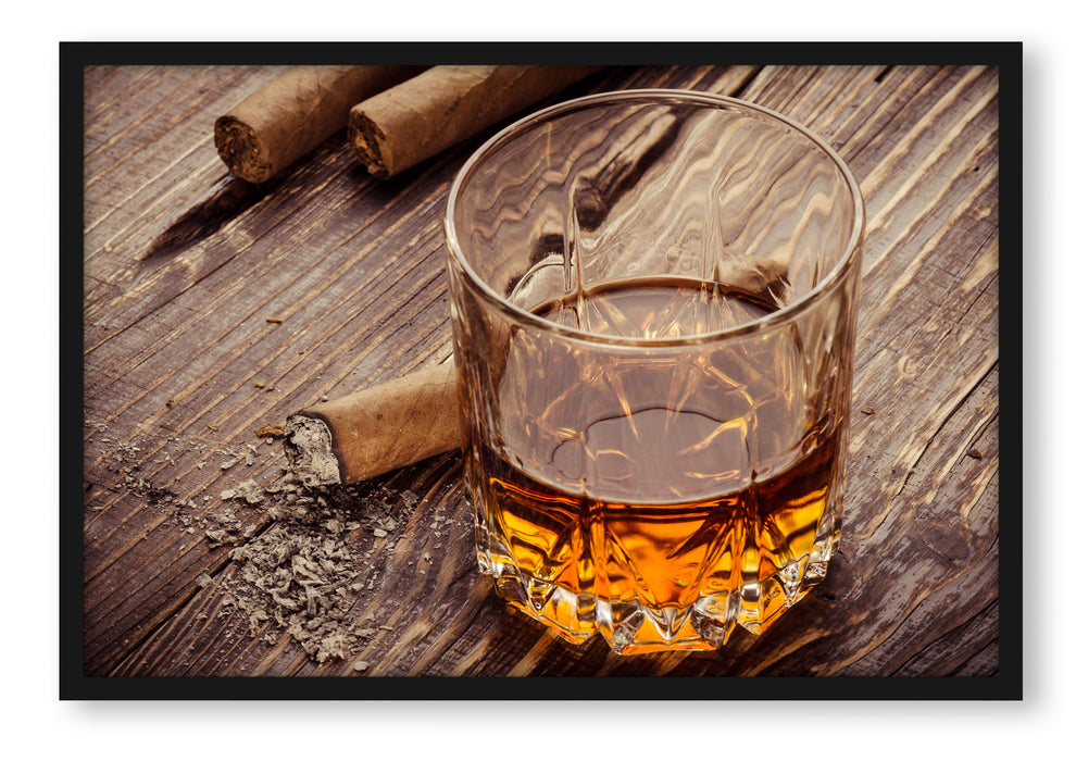Pixxprint Whisky mit Zigarre, Poster mit Bilderrahmen