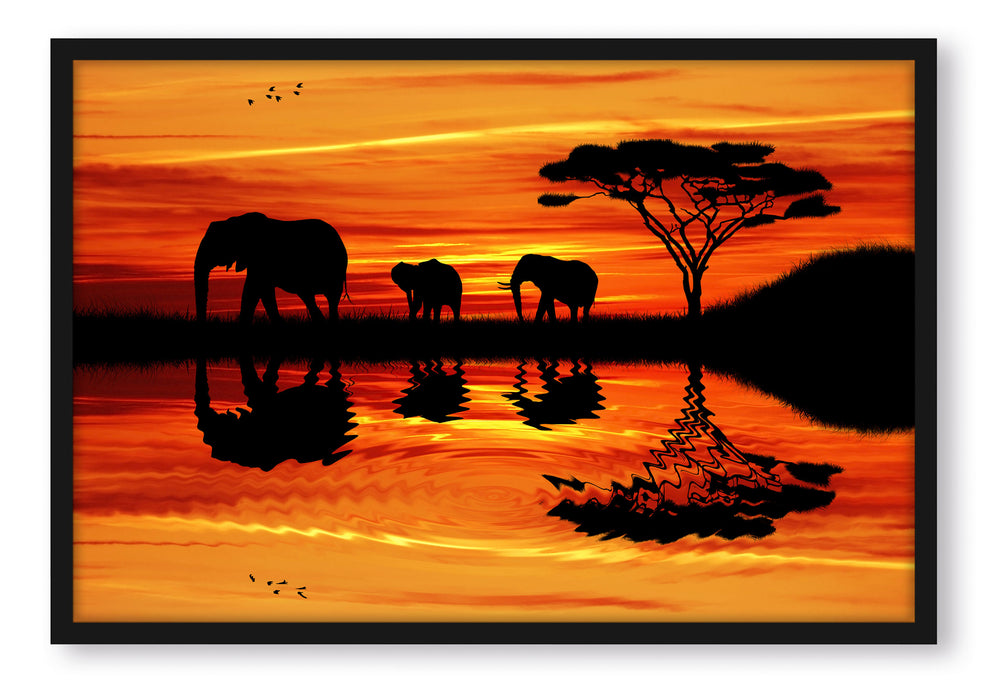 Pixxprint Afrika Elefant in Sonnenschein, Poster mit Bilderrahmen