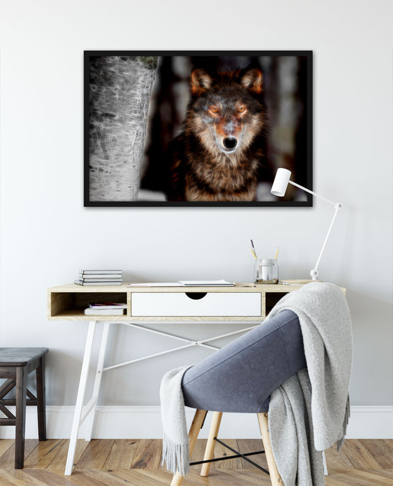 wunderschöner wachsamer Wolf, Poster mit Bilderrahmen