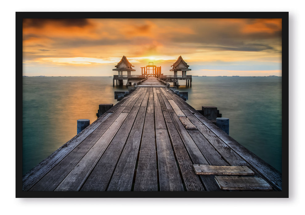 Pixxprint Bootssteg im Sonnenuntergang, Poster mit Bilderrahmen