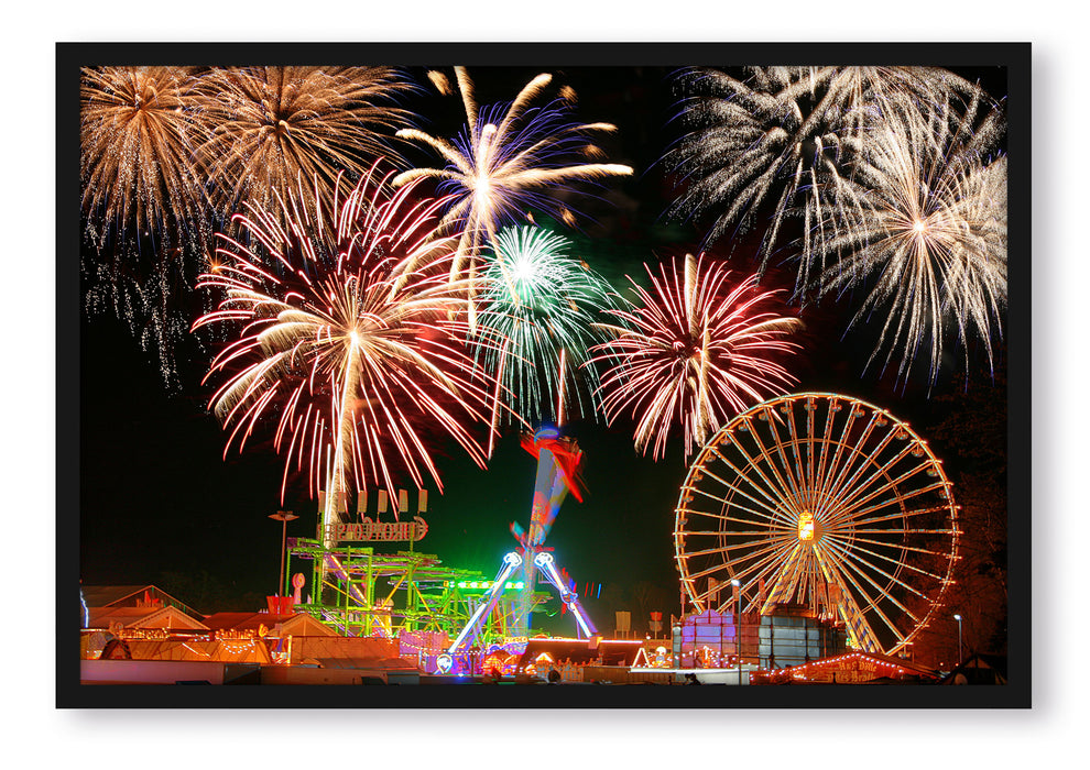 Silvester Riesenrad Feuerwerk, Poster mit Bilderrahmen