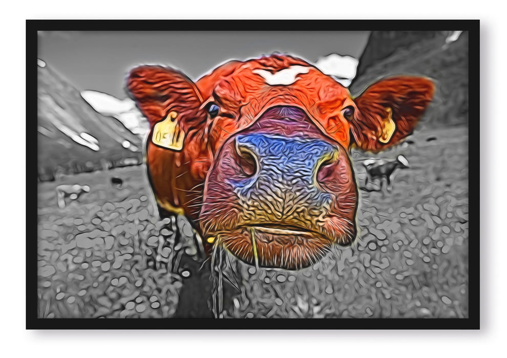 Pixxprint Kuh auf Almwiese, Poster mit Bilderrahmen