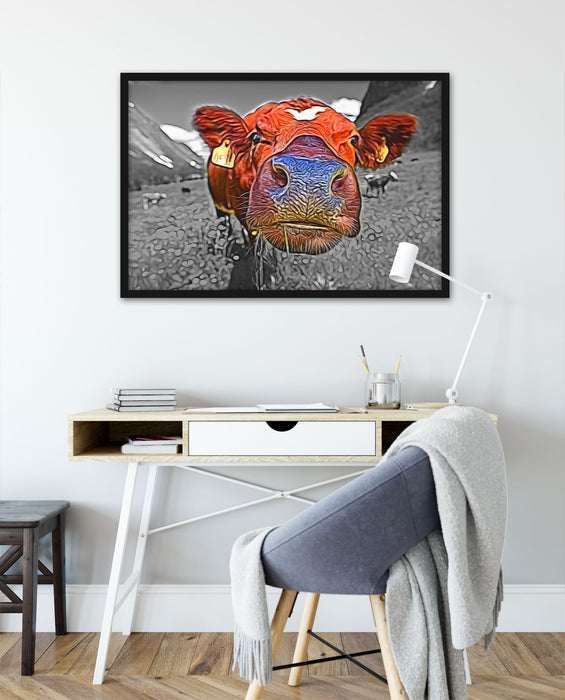 Kuh auf Almwiese, Poster mit Bilderrahmen