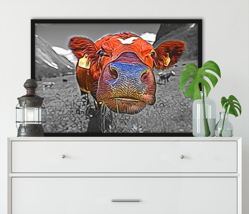 Kuh auf Almwiese, Poster mit Bilderrahmen