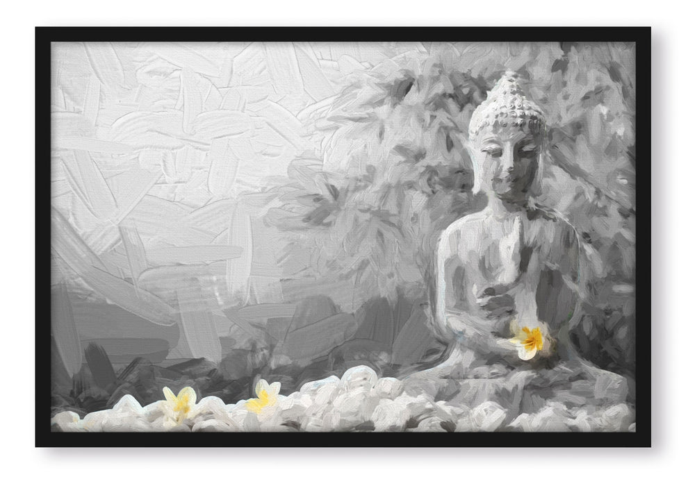 Pixxprint Buddha mit Monoi Blüte in der Hand, Poster mit Bilderrahmen