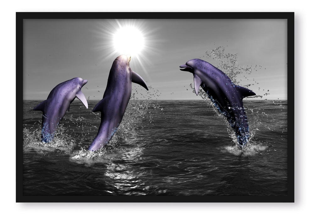Pixxprint Fröhliche Delfine springen im Meer, Poster mit Bilderrahmen