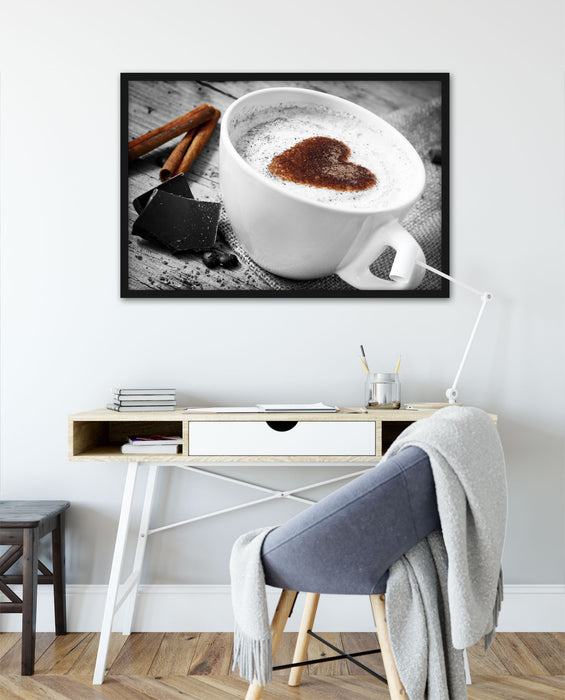 schönes Kaffeesahneherz, Poster mit Bilderrahmen