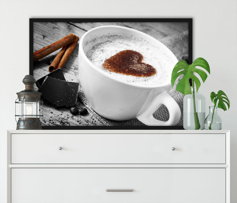 schönes Kaffeesahneherz, Poster mit Bilderrahmen