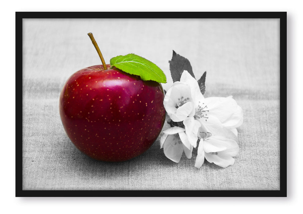 Pixxprint Schöner roter Apfel mit Blüten, Poster mit Bilderrahmen