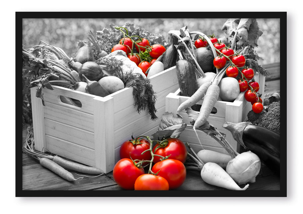 Pixxprint Gemüse in Holzkisten, Poster mit Bilderrahmen
