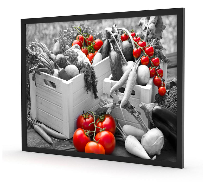 Gemüse in Holzkisten, Poster mit Bilderrahmen