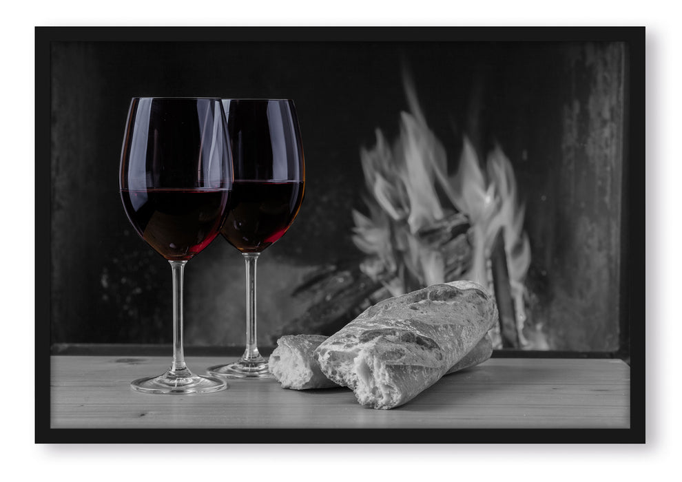 Pixxprint Baguette Wein Picknick, Poster mit Bilderrahmen