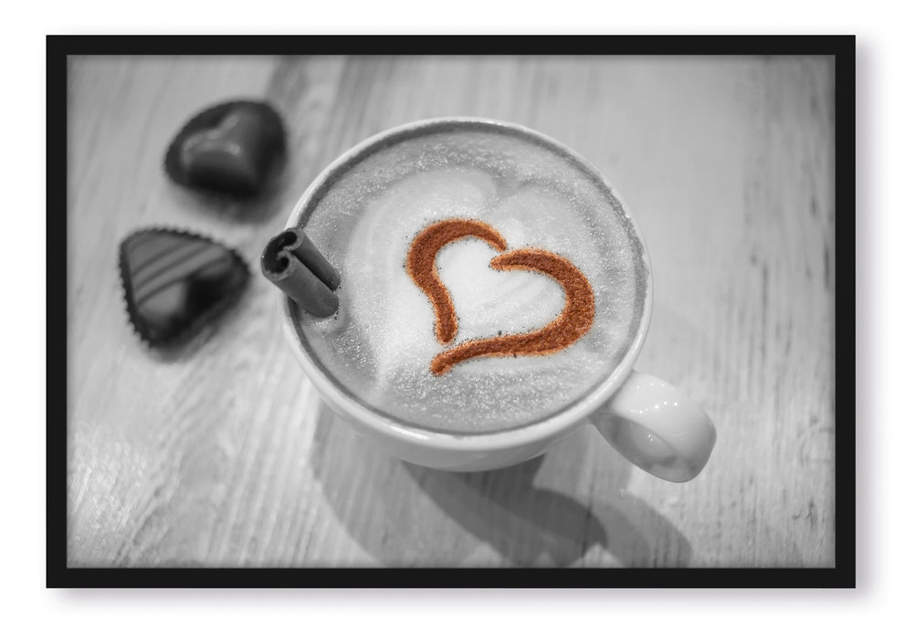 Leckerer Kaffee mit Herz, Poster mit Bilderrahmen