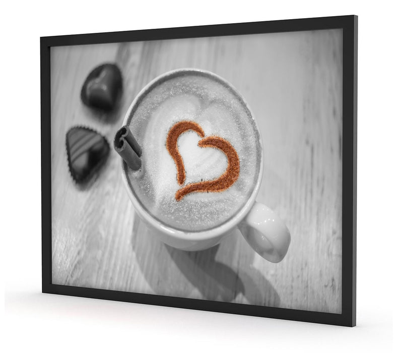 Leckerer Kaffee mit Herz, Poster mit Bilderrahmen