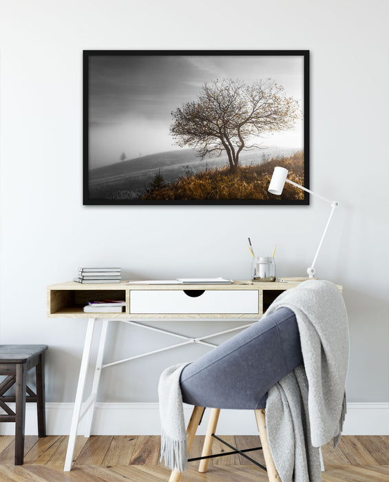 Einsamer Baum auf Berg, Poster mit Bilderrahmen