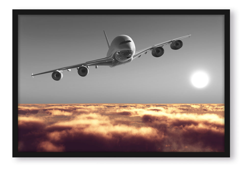 Flugzeug über Wolkenmeer, Poster mit Bilderrahmen
