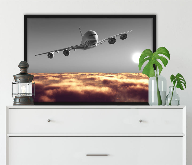 Flugzeug über Wolkenmeer, Poster mit Bilderrahmen