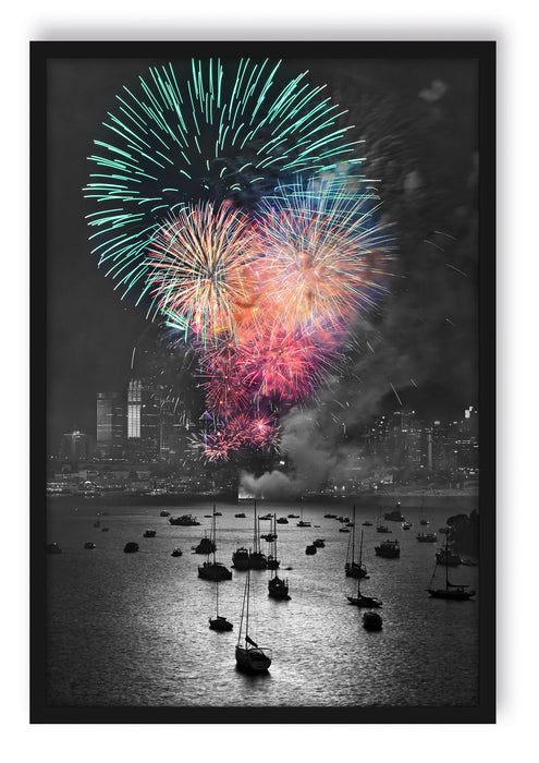 Pixxprint Feuerwerk über Meer, Poster mit Bilderrahmen